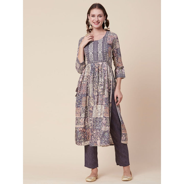 FASHOR Floral Printed & Zari Embroidered Flared Kurta with Pants - Multi Color (Set of 2)