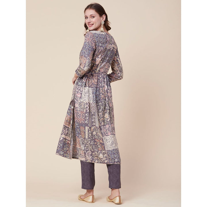 FASHOR Floral Printed & Zari Embroidered Flared Kurta with Pants - Multi Color (Set of 2)