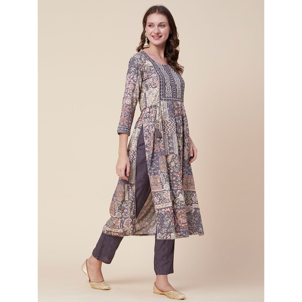 FASHOR Floral Printed & Zari Embroidered Flared Kurta with Pants - Multi Color (Set of 2)