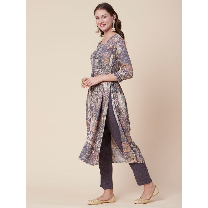 FASHOR Floral Printed & Zari Embroidered Flared Kurta with Pants - Multi Color (Set of 2)