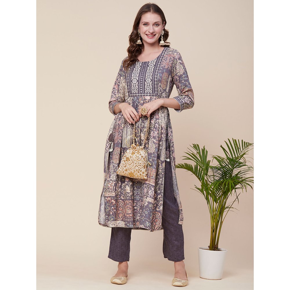 FASHOR Floral Printed & Zari Embroidered Flared Kurta with Pants - Multi Color (Set of 2)