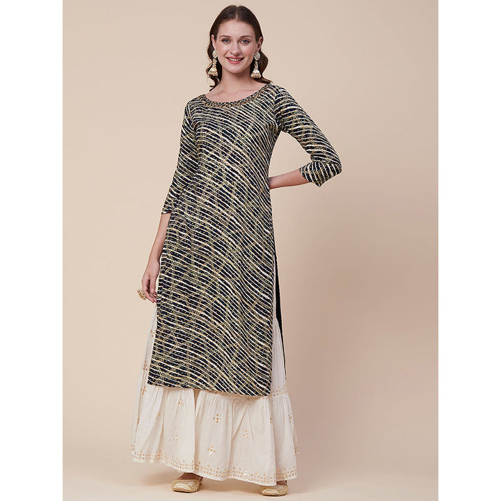 FASHOR Abstract Printed Mirror, Sequins & Resham Embroidered Kurta - Navy Blue