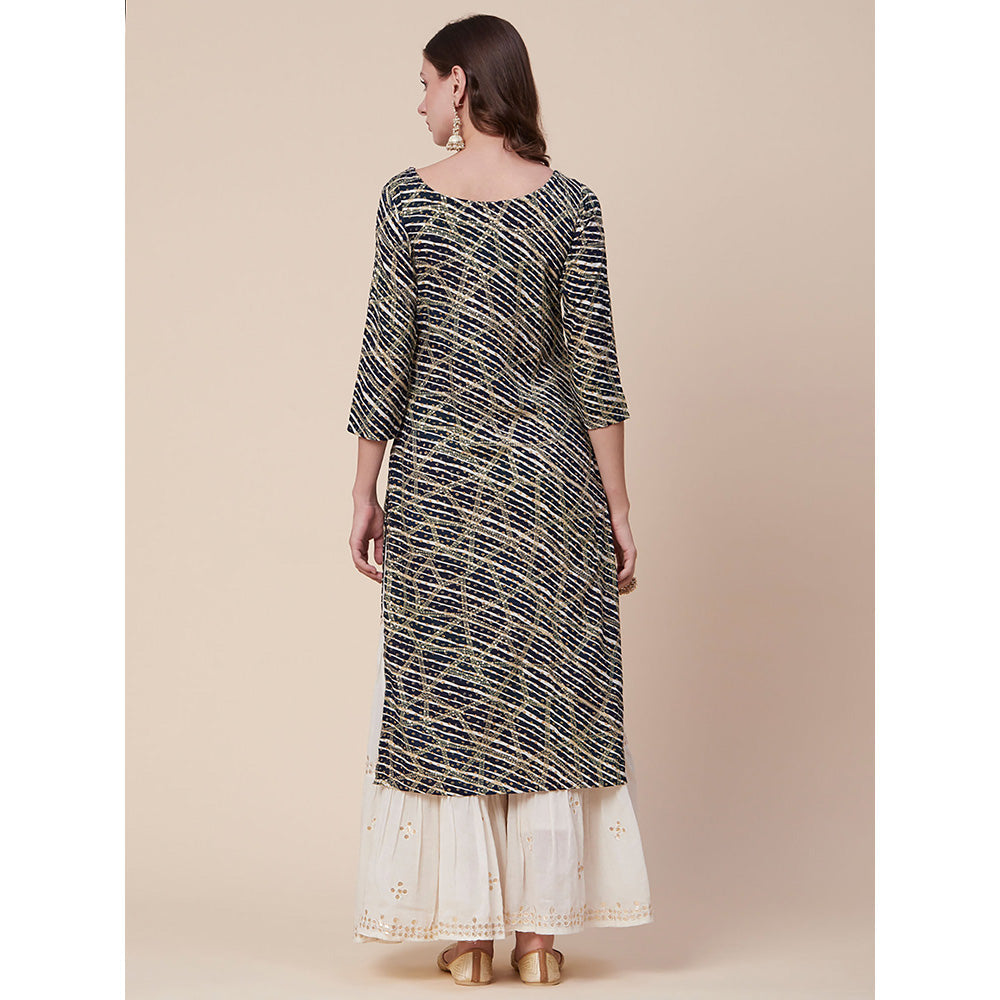 FASHOR Abstract Printed Mirror, Sequins & Resham Embroidered Kurta - Navy Blue