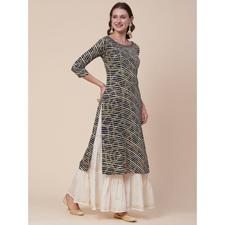 FASHOR Abstract Printed Mirror, Sequins & Resham Embroidered Kurta - Navy Blue