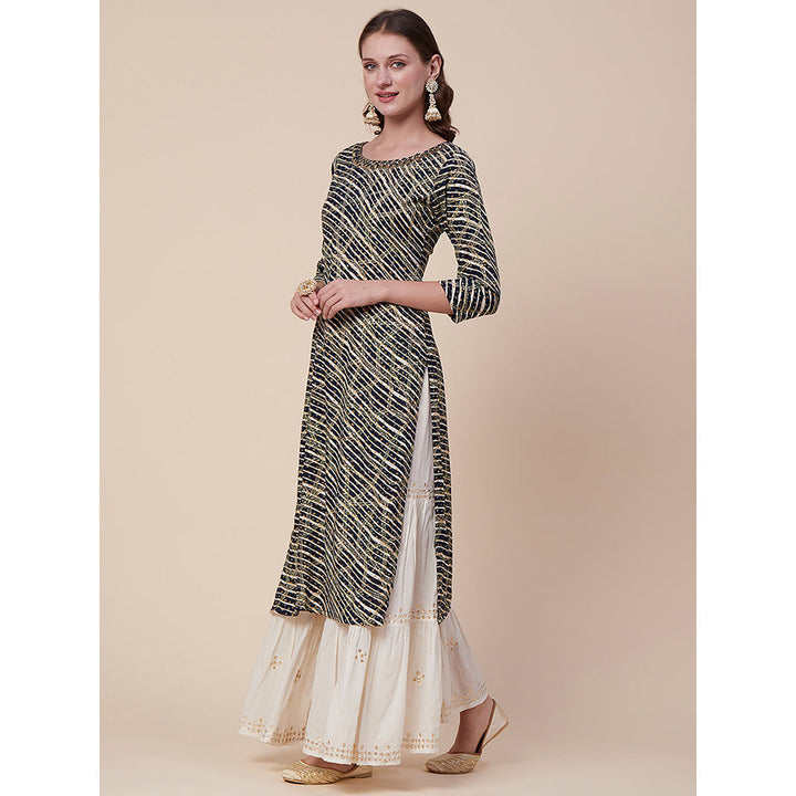 FASHOR Abstract Printed Mirror, Sequins & Resham Embroidered Kurta - Navy Blue