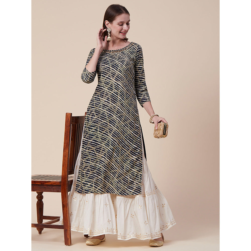 FASHOR Abstract Printed Mirror, Sequins & Resham Embroidered Kurta - Navy Blue