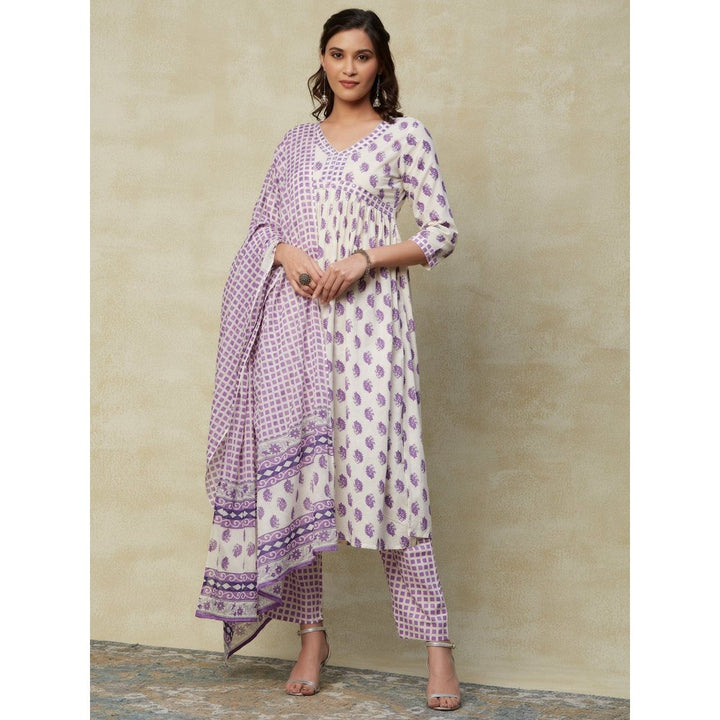 FASHOR Ethnic Printed Kurta with Pants & Cotton Mulmul Dupatta Purple (Set of 3)