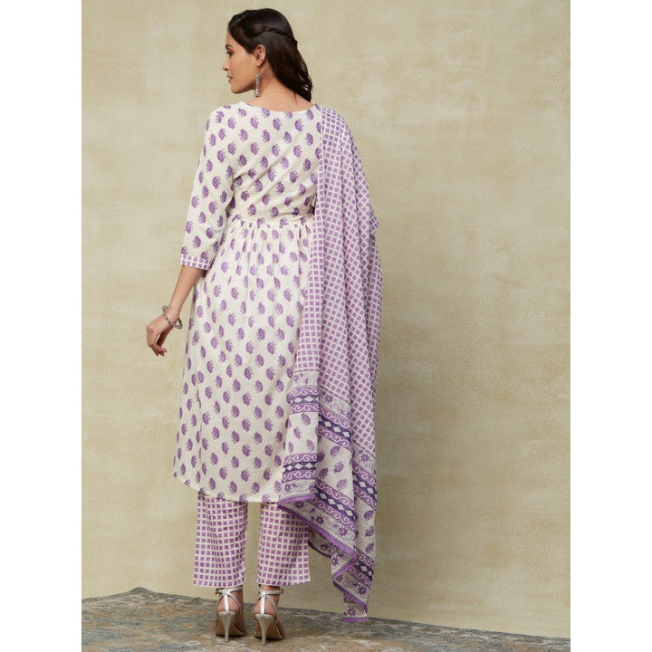 FASHOR Ethnic Printed Kurta with Pants & Cotton Mulmul Dupatta Purple (Set of 3)