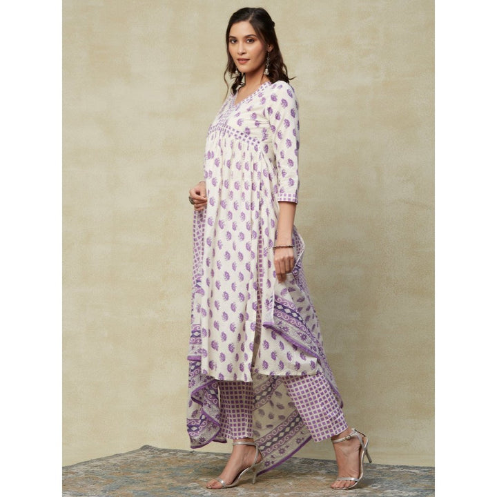 FASHOR Ethnic Printed Kurta with Pants & Cotton Mulmul Dupatta Purple (Set of 3)