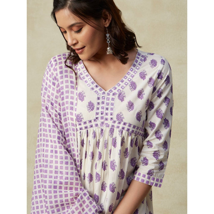 FASHOR Ethnic Printed Kurta with Pants & Cotton Mulmul Dupatta Purple (Set of 3)