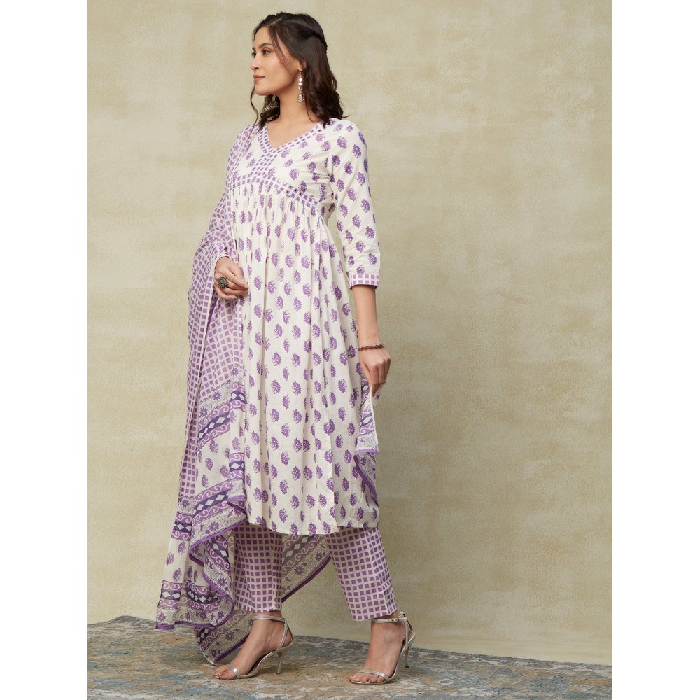 FASHOR Ethnic Printed Kurta with Pants & Cotton Mulmul Dupatta Purple (Set of 3)