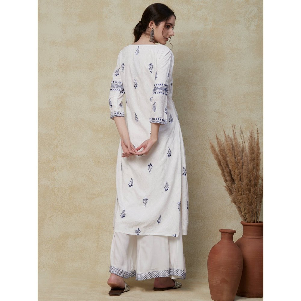 FASHOR Barfi Printed Resham & sequins Embroidered Kurta with Palazzos White (Set of 2)