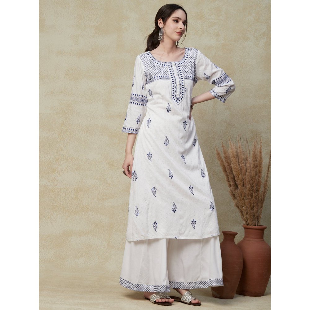 FASHOR Barfi Printed Resham & sequins Embroidered Kurta with Palazzos White (Set of 2)