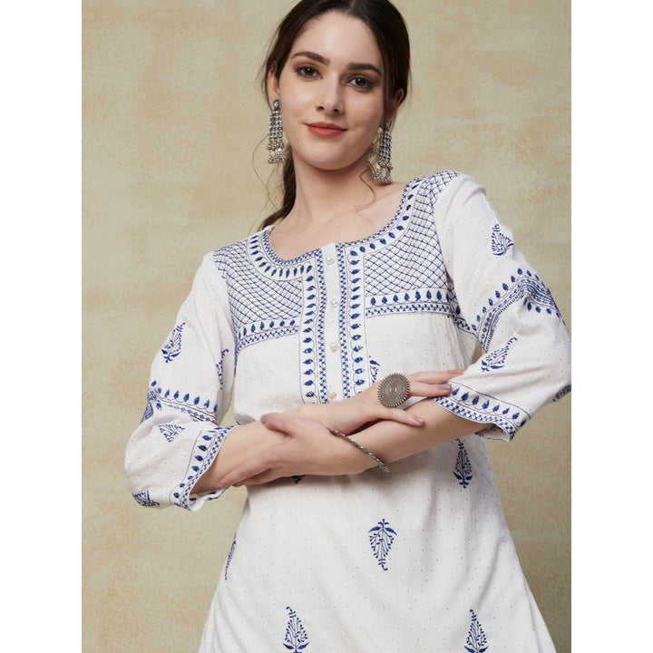 FASHOR Barfi Printed Resham & sequins Embroidered Kurta with Palazzos White (Set of 2)