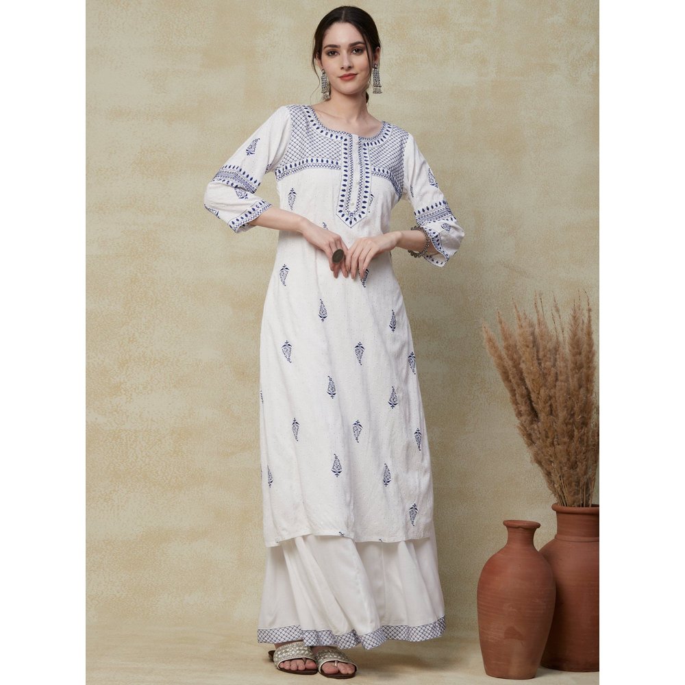 FASHOR Barfi Printed Resham & sequins Embroidered Kurta with Palazzos White (Set of 2)