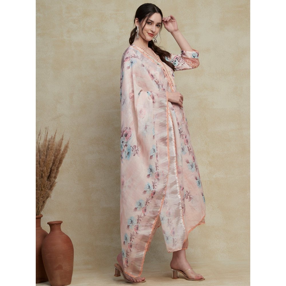 FASHOR Floral Printed Mirror Embroidered Kurta with Pants & Dupatta Peach (Set of 3)