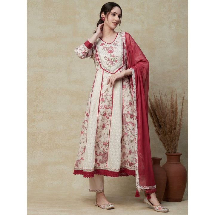 FASHOR Floral Printed Cotton Anarkali Kurta with Pants & Dupatta Off White (Set of 3)