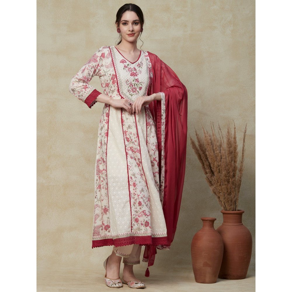 FASHOR Floral Printed Cotton Anarkali Kurta with Pants & Dupatta Off White (Set of 3)