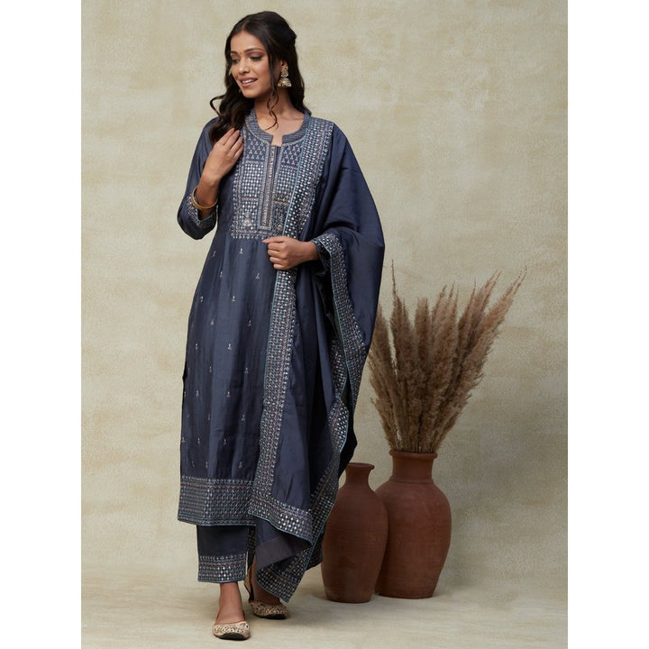 FASHOR Solid & Sequins Embroidered Kurta with Pants & Embroidered Dupatta Grey (Set of 3)