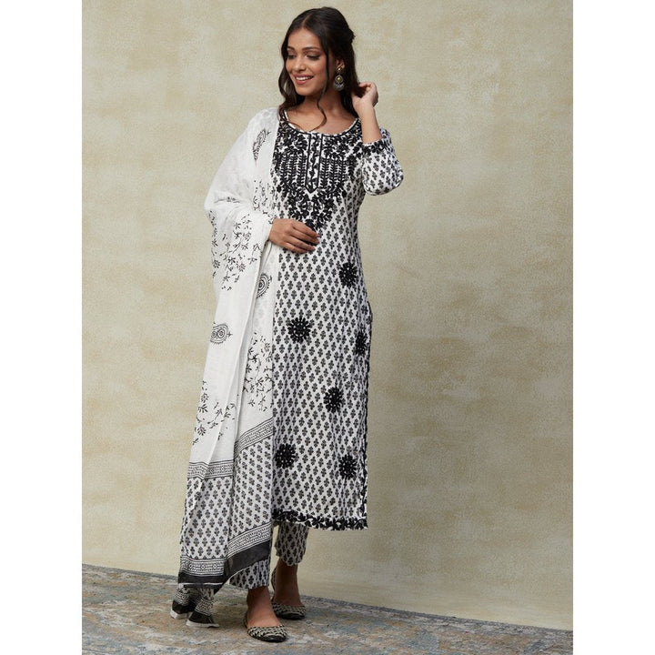 FASHOR Ethnic Block Printed Resham Embroidered Kurta with Pants & Dupatta White (Set of 3)