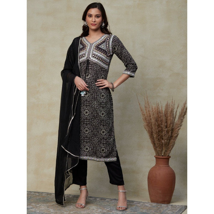 FASHOR Ethnic Printed & Embroidered Straight Kurta with Pants & Dupatta Black (Set of 3)