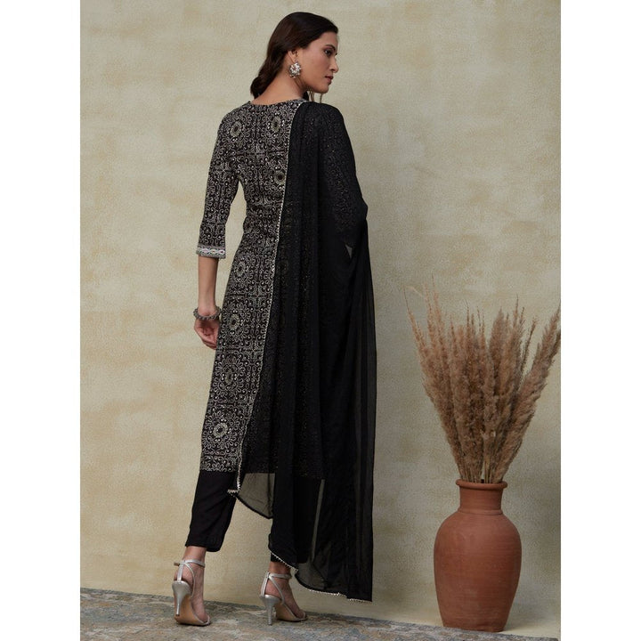 FASHOR Ethnic Printed & Embroidered Straight Kurta with Pants & Dupatta Black (Set of 3)