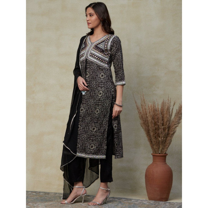 FASHOR Ethnic Printed & Embroidered Straight Kurta with Pants & Dupatta Black (Set of 3)