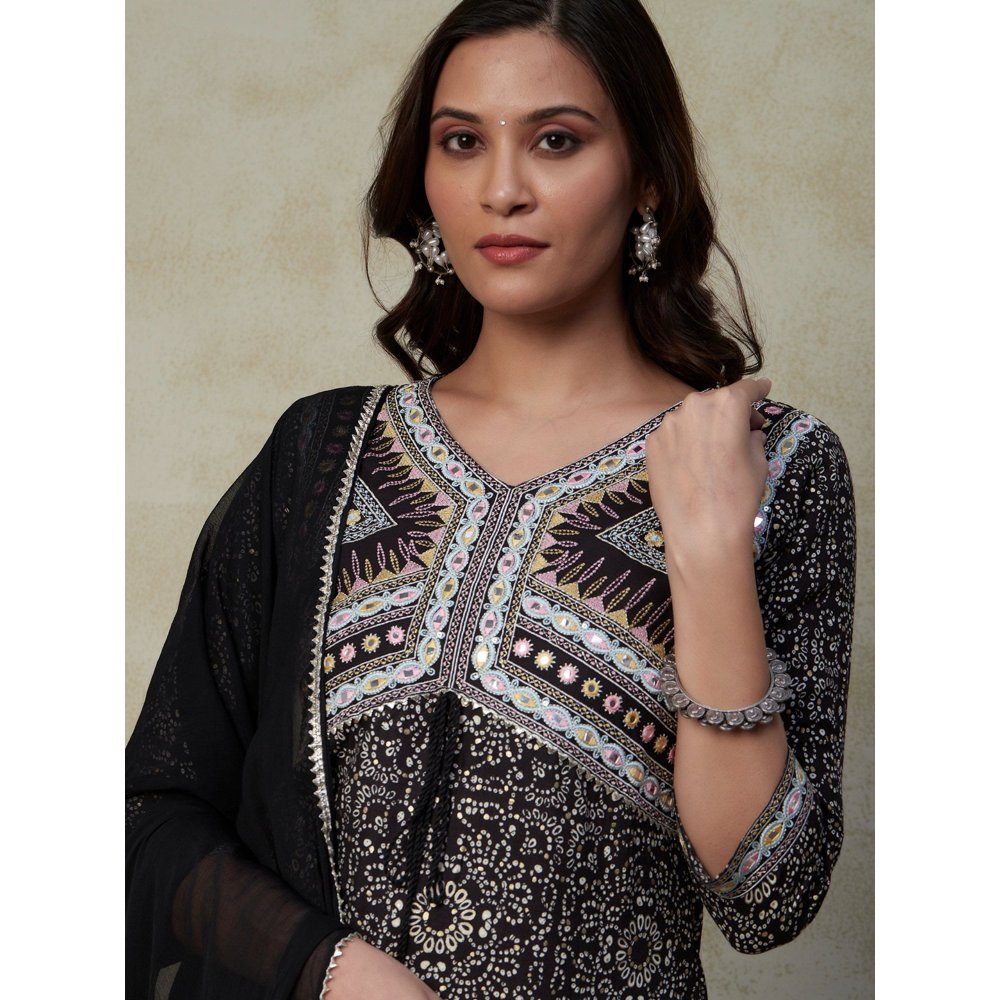 FASHOR Ethnic Printed & Embroidered Straight Kurta with Pants & Dupatta Black (Set of 3)