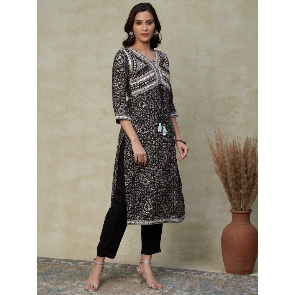 FASHOR Ethnic Printed & Embroidered Straight Kurta with Pants & Dupatta Black (Set of 3)