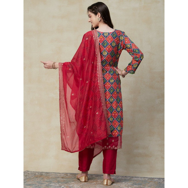 FASHOR Ikat Printed Zari & Sequins Embroidered Kurta with Pants & Dupatta Pink (Set of 3)