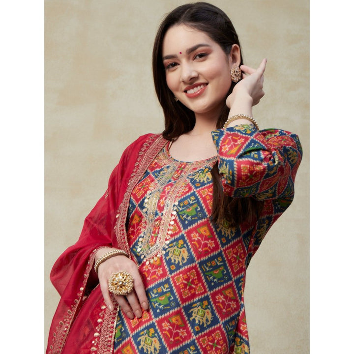 FASHOR Ikat Printed Zari & Sequins Embroidered Kurta with Pants & Dupatta Pink (Set of 3)