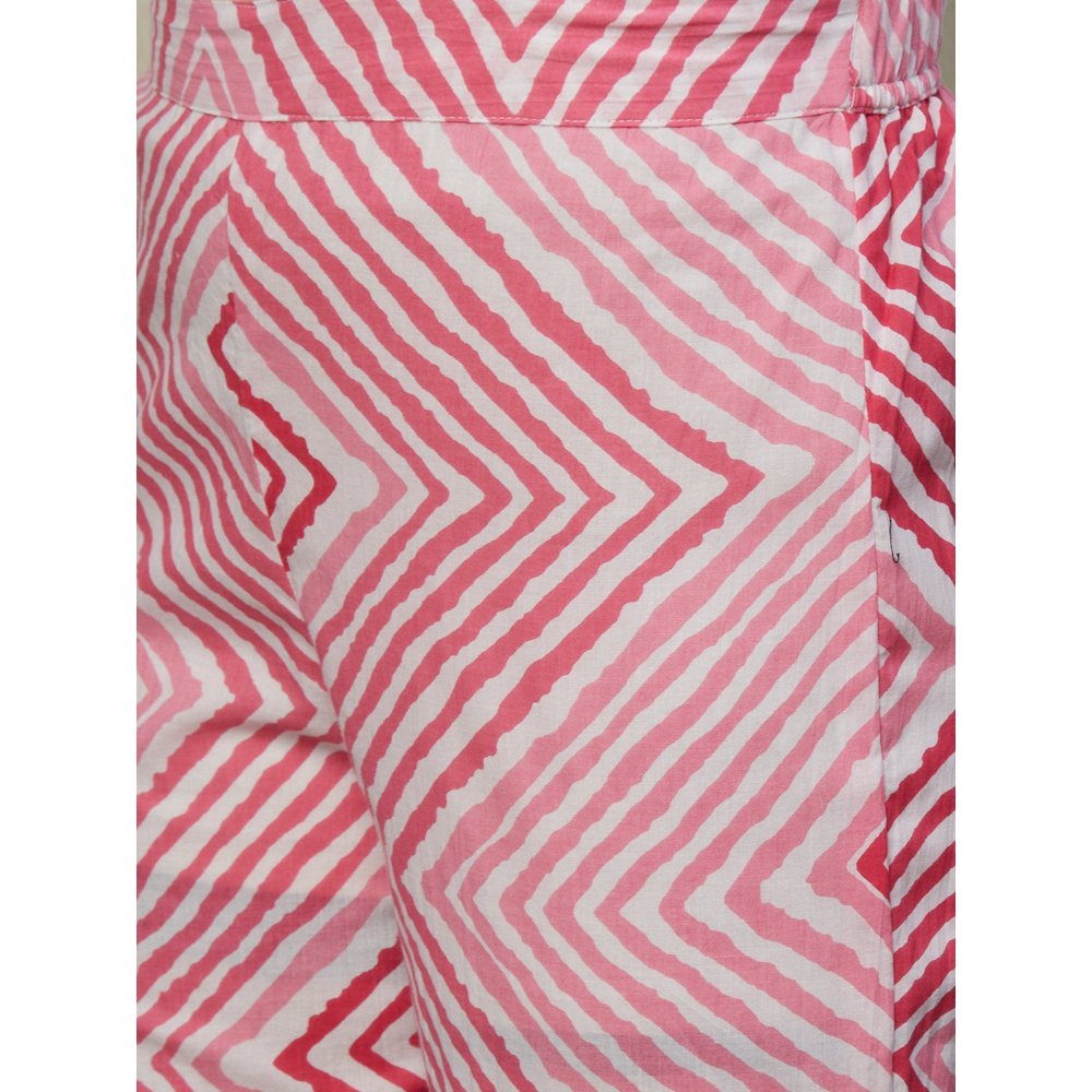 FASHOR Chevron Printed Wooden Buttoned High Low Hem Kurta with Pants Pink (Set of 2)