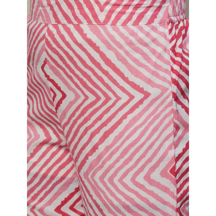 FASHOR Chevron Printed Wooden Buttoned High Low Hem Kurta with Pants Pink (Set of 2)