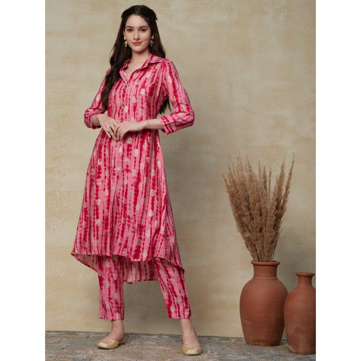 FASHOR Printed & Ethnic Foil Printed Asymmetric Hem Panelled Kurta & Pants Pink (Set of 2)