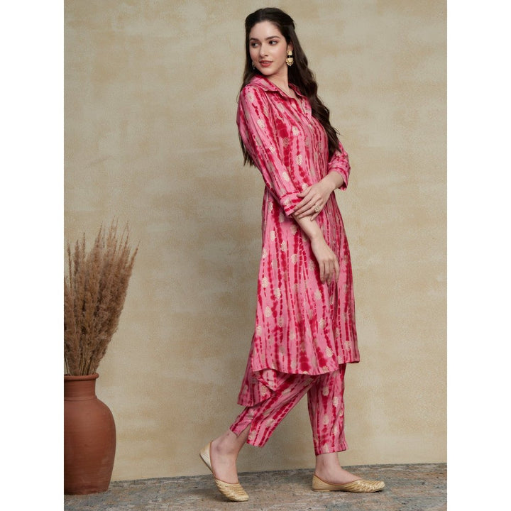 FASHOR Printed & Ethnic Foil Printed Asymmetric Hem Panelled Kurta & Pants Pink (Set of 2)