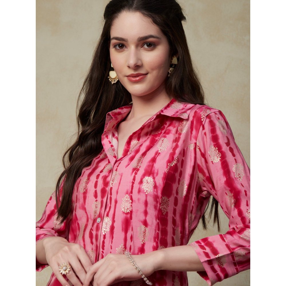 FASHOR Printed & Ethnic Foil Printed Asymmetric Hem Panelled Kurta & Pants Pink (Set of 2)