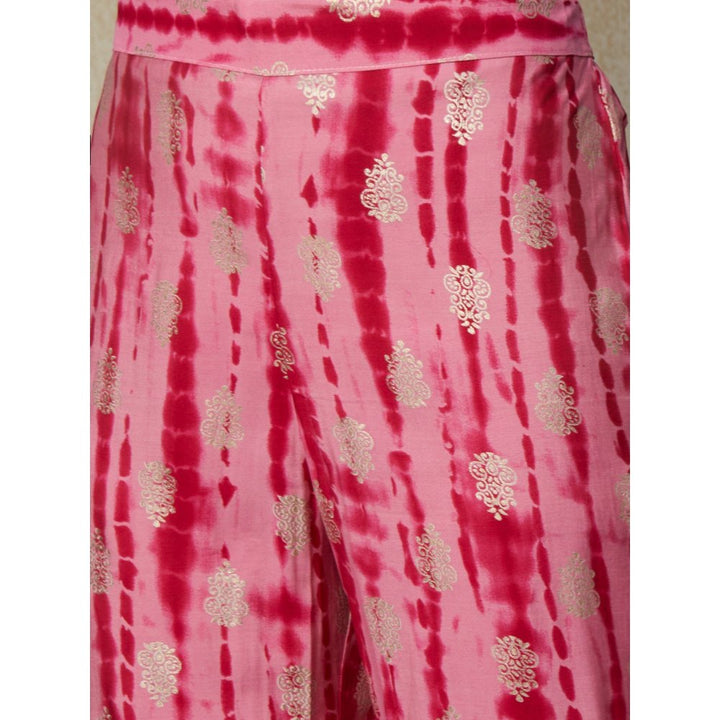 FASHOR Printed & Ethnic Foil Printed Asymmetric Hem Panelled Kurta & Pants Pink (Set of 2)