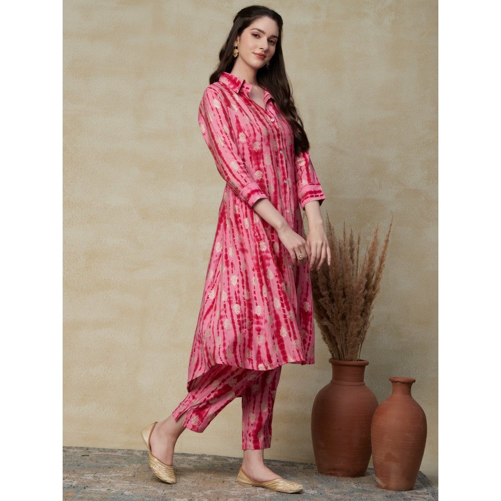 FASHOR Printed & Ethnic Foil Printed Asymmetric Hem Panelled Kurta & Pants Pink (Set of 2)