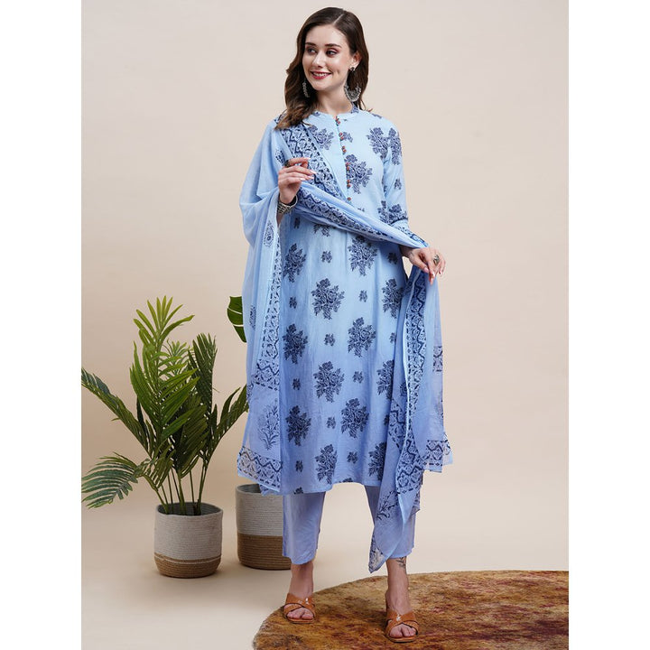 FASHOR Ombre Dyed Woven Jacquard Embroidered Kurta with Pants & Dupatta - Blue (Set of 3)