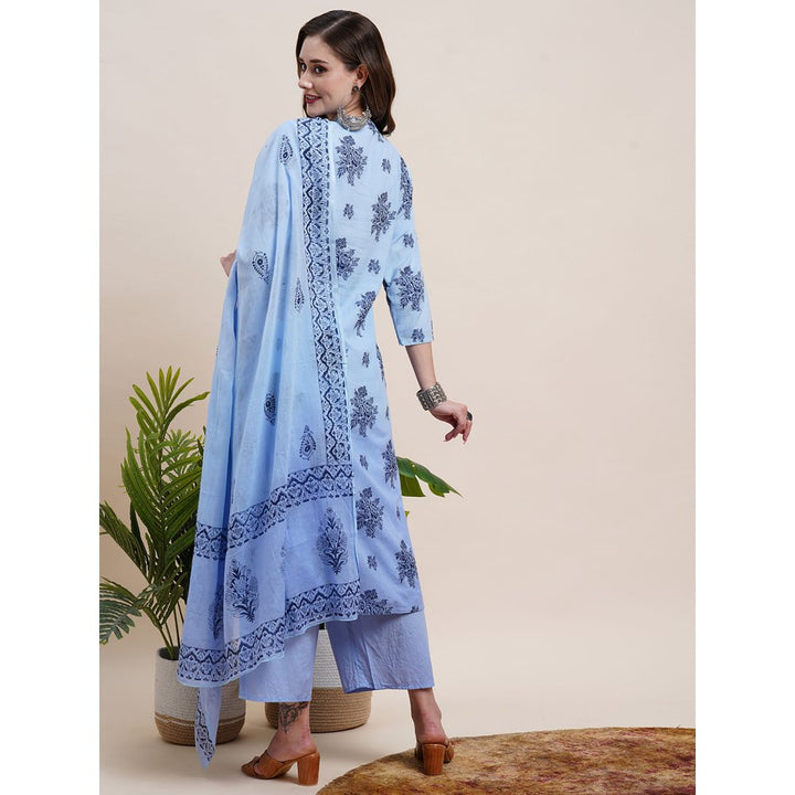 FASHOR Ombre Dyed Woven Jacquard Embroidered Kurta with Pants & Dupatta - Blue (Set of 3)