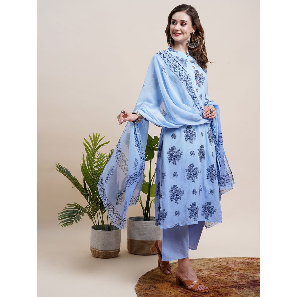 FASHOR Ombre Dyed Woven Jacquard Embroidered Kurta with Pants & Dupatta - Blue (Set of 3)