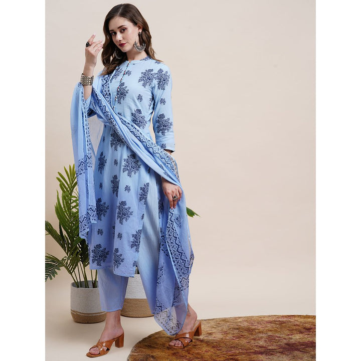 FASHOR Ombre Dyed Woven Jacquard Embroidered Kurta with Pants & Dupatta - Blue (Set of 3)