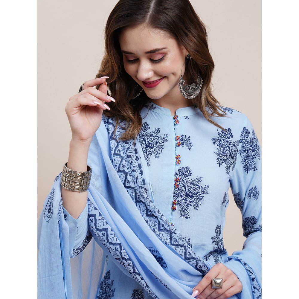 FASHOR Ombre Dyed Woven Jacquard Embroidered Kurta with Pants & Dupatta - Blue (Set of 3)