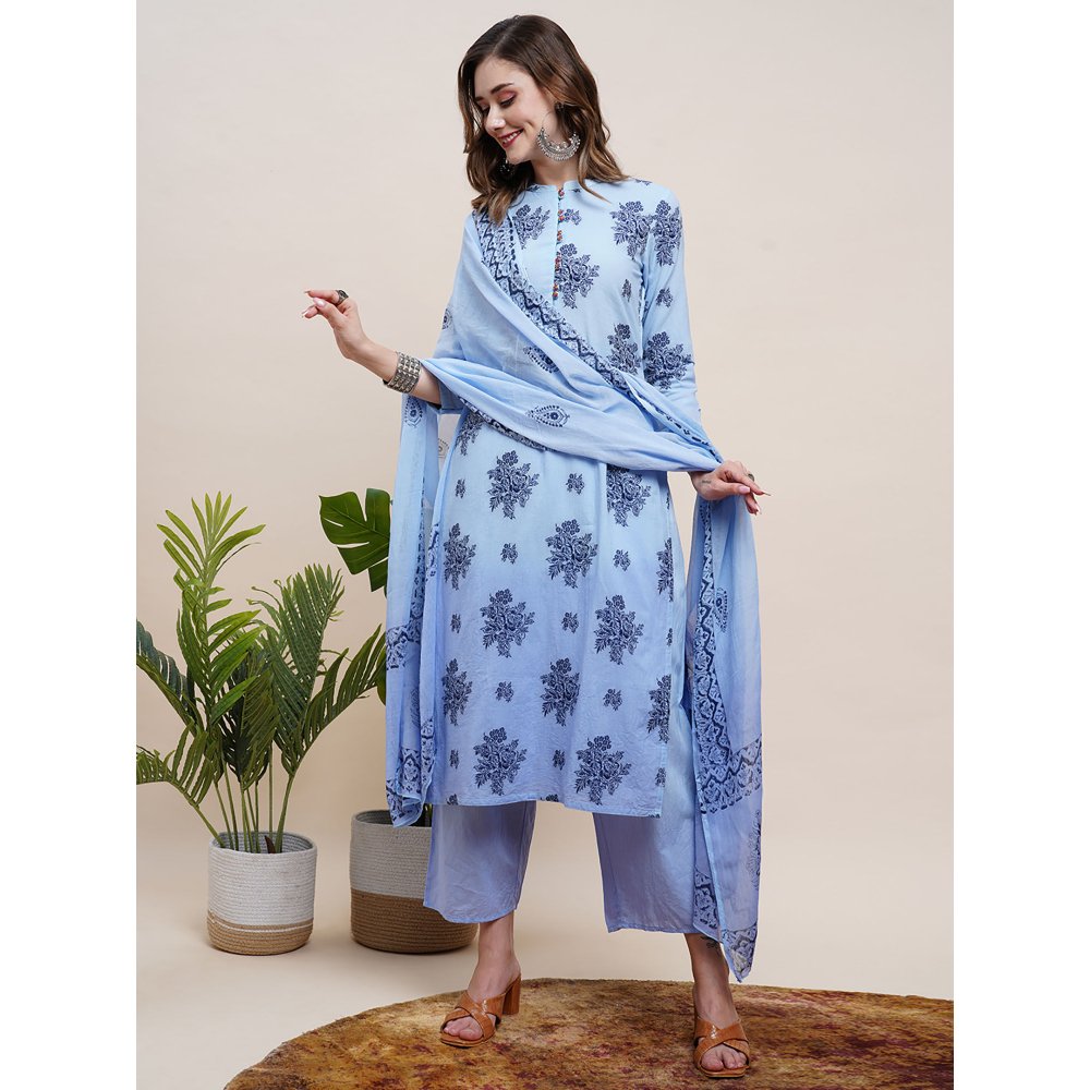 FASHOR Ombre Dyed Woven Jacquard Embroidered Kurta with Pants & Dupatta - Blue (Set of 3)