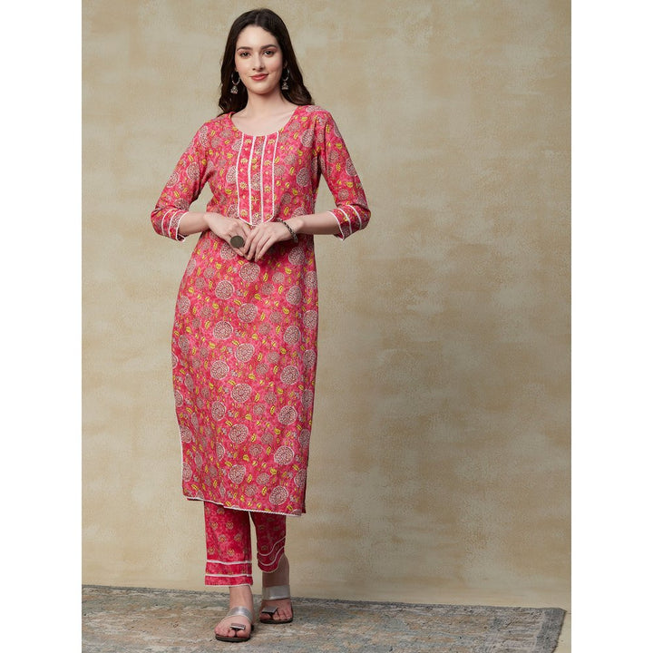 FASHOR Floral Crochet Lace Embellished Kurta with Pants & Floral Dupatta - Pink (Set of 3)