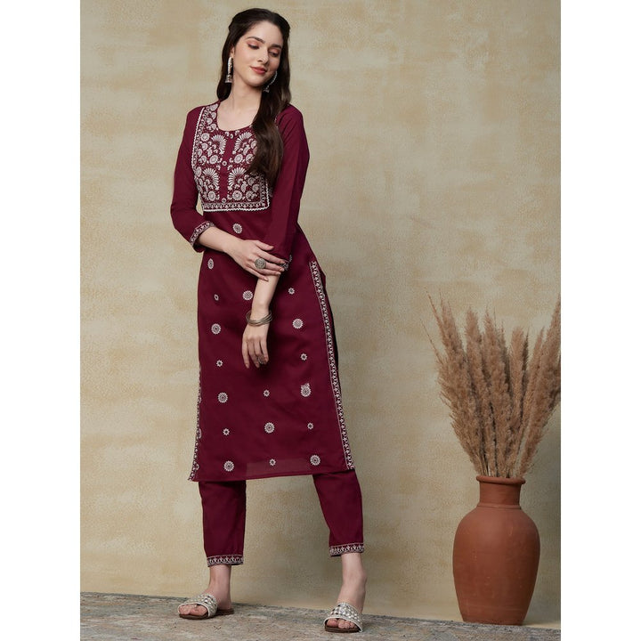 FASHOR Solid Mirror & Resham Embroidered Kurta with Embroidered Pants - Maroon (Set of 2)