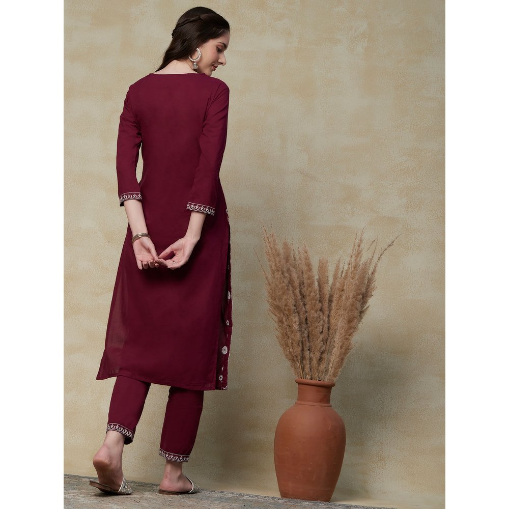 FASHOR Solid Mirror & Resham Embroidered Kurta with Embroidered Pants - Maroon (Set of 2)