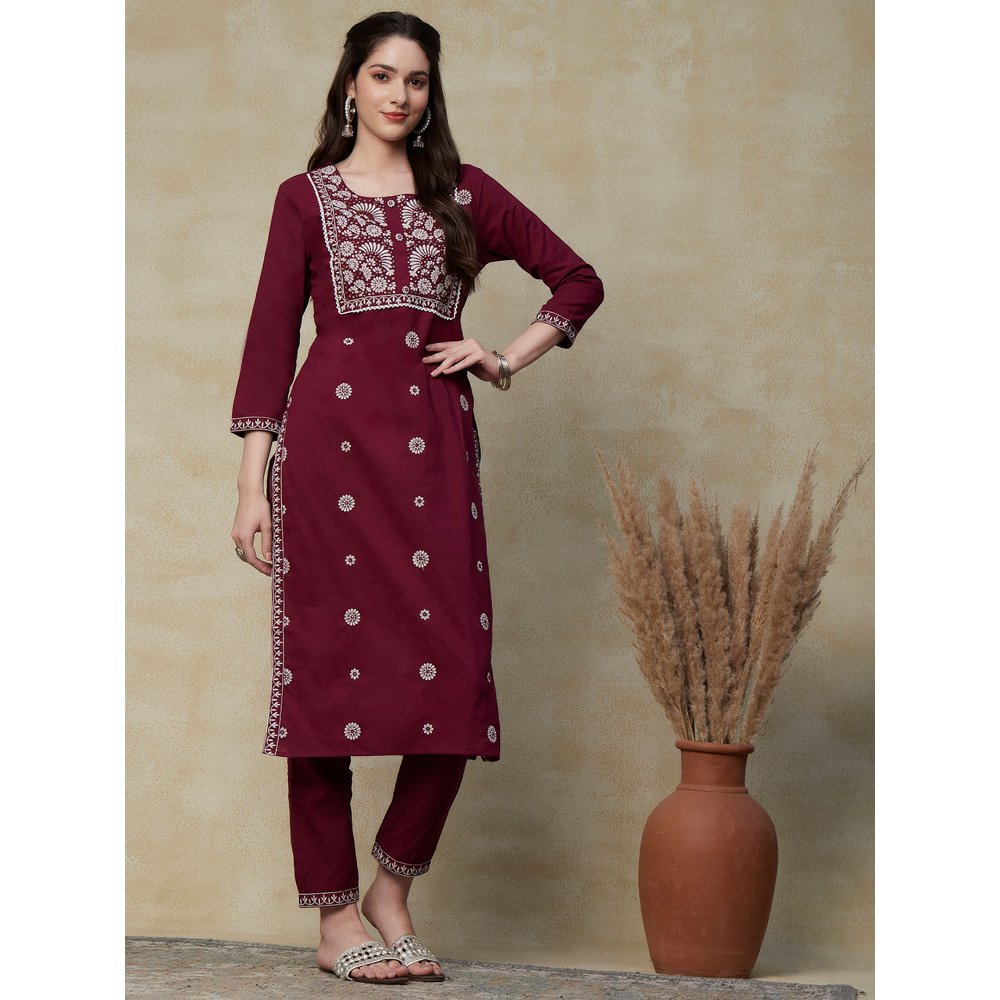 FASHOR Solid Mirror & Resham Embroidered Kurta with Embroidered Pants - Maroon (Set of 2)