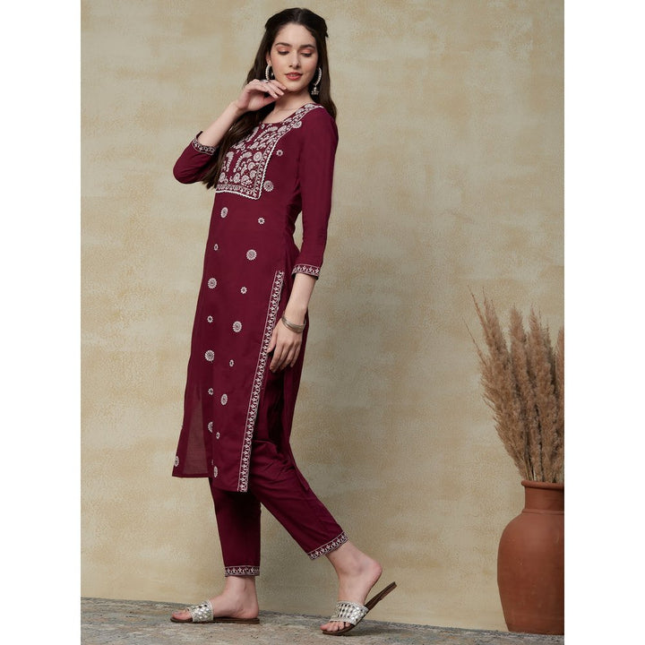 FASHOR Solid Mirror & Resham Embroidered Kurta with Embroidered Pants - Maroon (Set of 2)