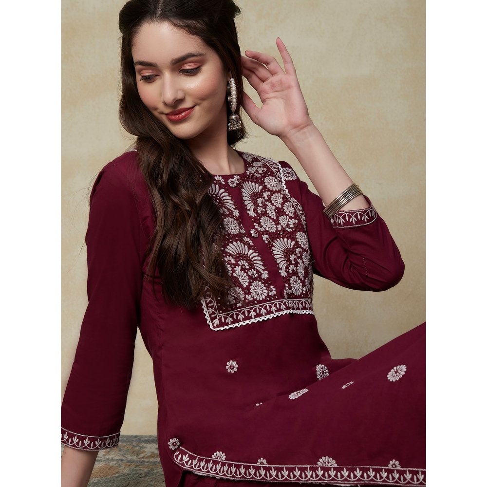 FASHOR Solid Mirror & Resham Embroidered Kurta with Embroidered Pants - Maroon (Set of 2)